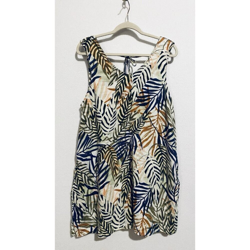 Tahari Dress Womens XL Palm Print Sleeveless Linen Tie Back Shift Beachy Boho